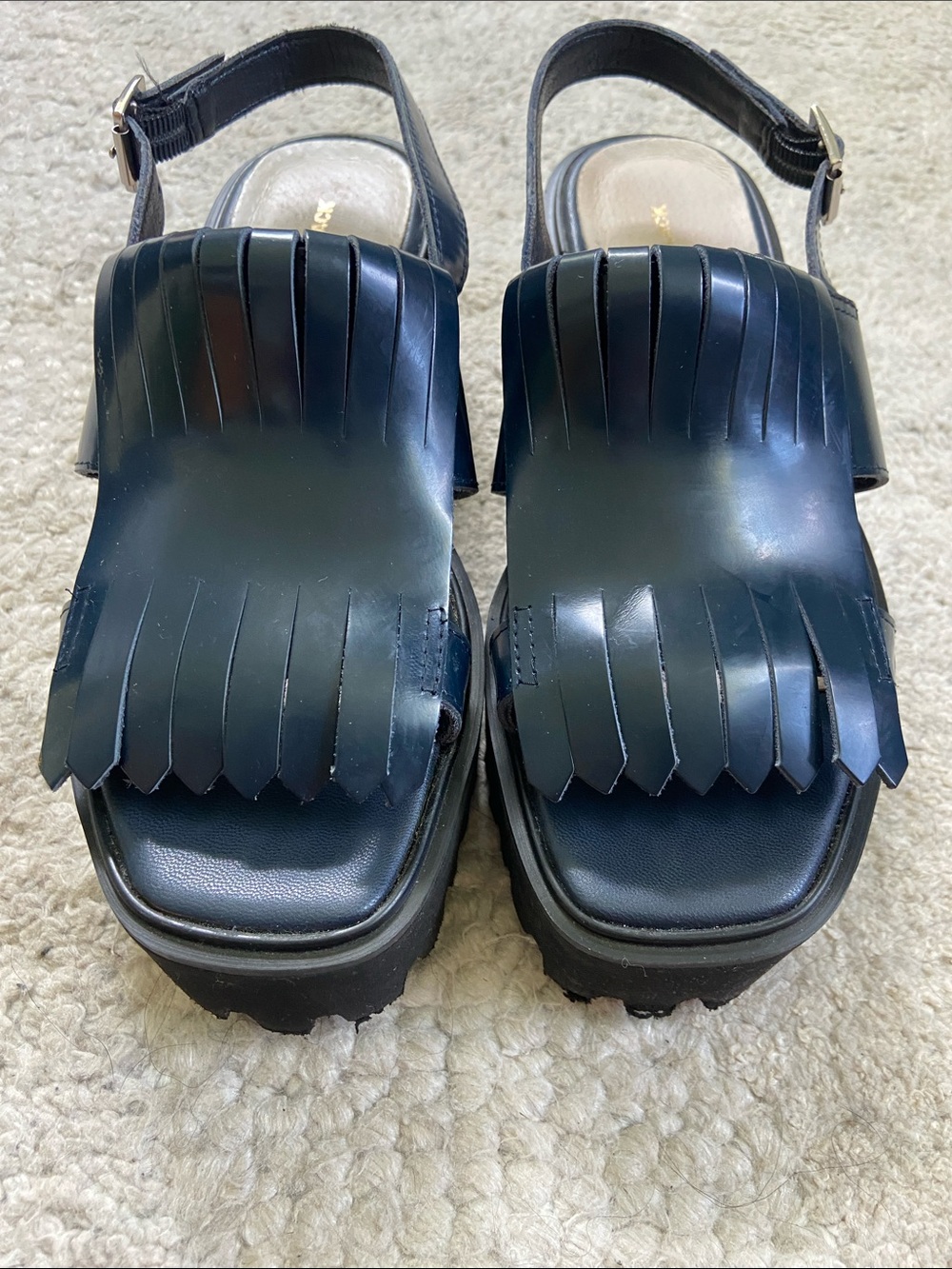 All Black Kiltie Navy Fringe Platform Chunky Sandals - Picture 4 of 9